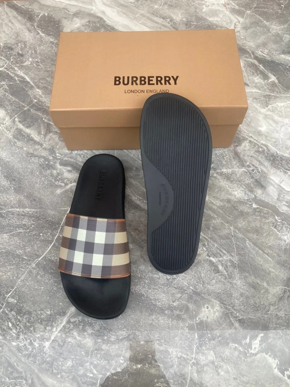 Burberry Check Slide Sandals in Black and Beige / Brown - Picture 5 of 5